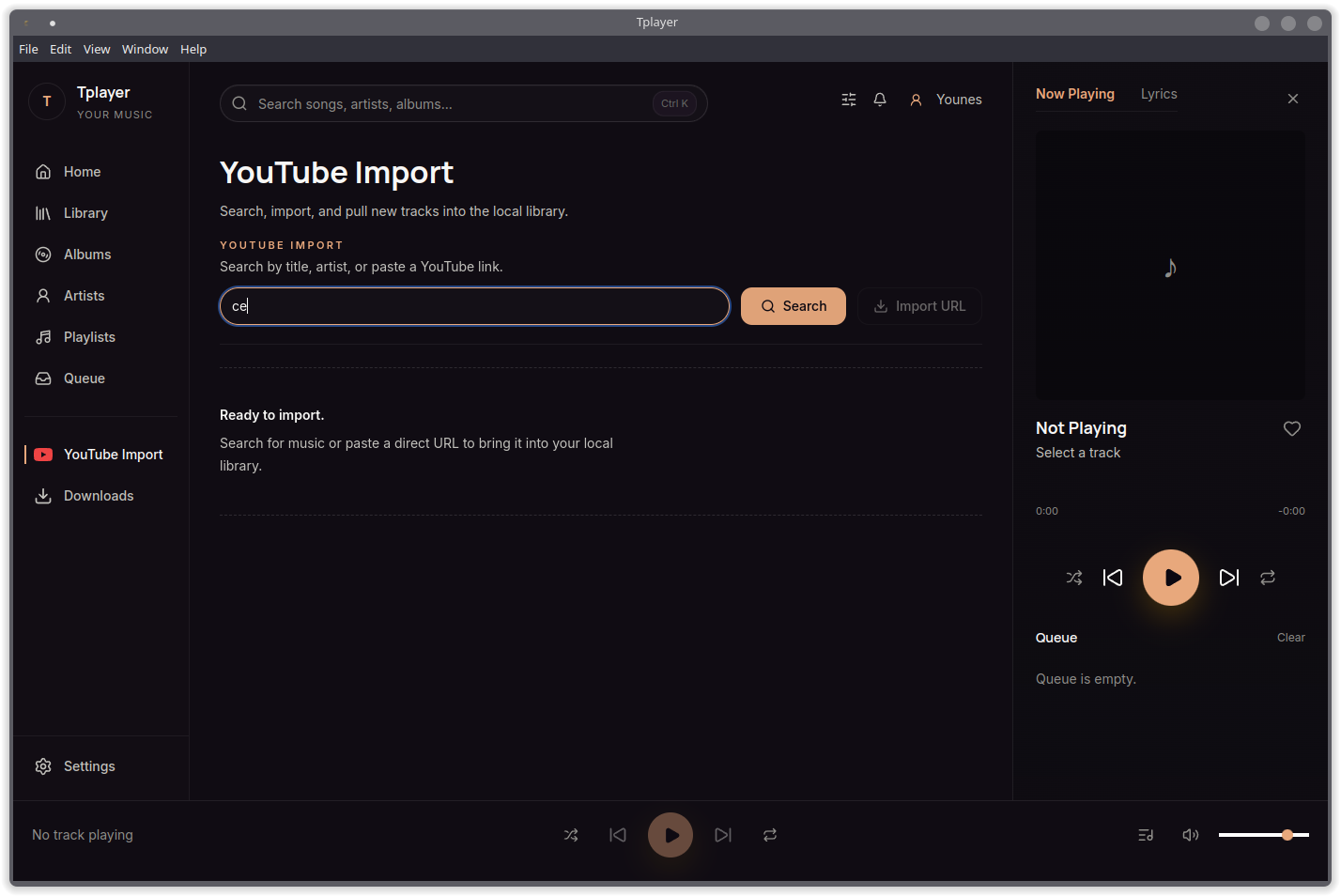 Tplayer desktop app, warm dark interface with large album art and queue