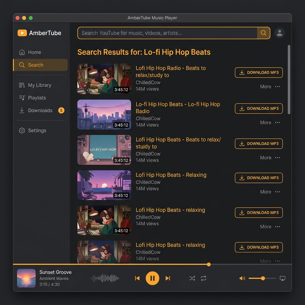 Tplayer YouTube import view showing search results and download options